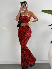 SHEIN EZwear Women's Leopard Print Tube Top And Flared Pants Two-Piece Set