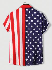 Manfinity LEGND Men's Plus Size Button Up Striped Short Sleeve Casual Loose Shirt With Star Print