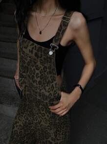 DAZY 豹纹牛仔背带裤（不含背心）Y2k - 棕色 - 查看 2