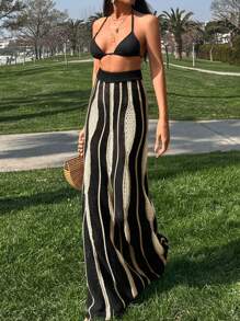 SHEIN Tall Knit Skirt With Ripple, For Summer Beach Vacation - Black and White - View 1