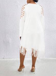 SHEIN LUNE Plus Size Elegant Round Neck Long Sleeve Dress With Hollow Shoulders, Tassel Hem And Fashionable Design Maxi Women Outfit - White - View 2