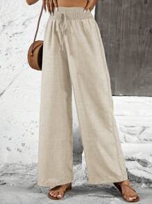 Calvaya Women's Solid Color Wide-Leg Loose Pants With Shirred Belt For Holiday Fall Cloth For Women - Khaki - View 4