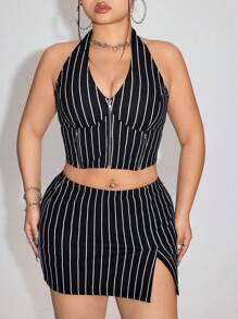SHEIN ICON Plus Size Y2k Vest Sets Back To School Clothes Metal Zipper Decorated Halter Cup Detail High Slit Striped Skirt Set With Chain, 2pcs - Black - View 5