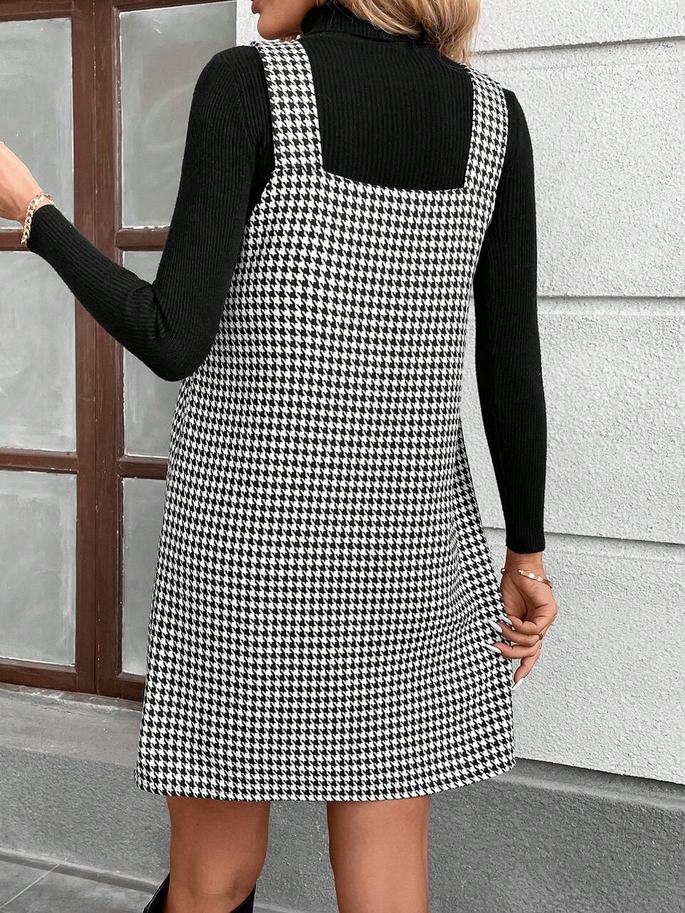 Autumn/Winter New Houndstooth Print Casual Street Airport Style Women Short Dress Overall Dress