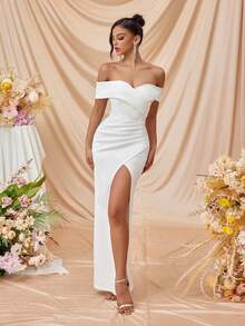 Elisanya 女士优雅交叉露肩褶皱开叉大腿鸡尾酒会超长舞会礼服，精致迷人的白色半正式婚礼宾客礼服，适合生日、毕业典礼、晚宴， - 白色 - 查看 3