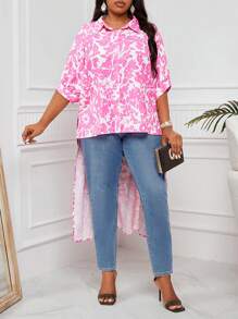 SHEIN Lady Plus Size Women's Pink Flower Printed Shirt-Style Top With Asymmetrical Hem, Summer Robes Going Out - Pink - View 5