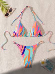 Swim Mod 女士夏季海滩印花吊带性感比基尼套装（带分体比基尼套装） - 彩色 - 查看 2