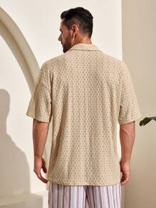 Genlund Camisa casual sólida de manga corta con textura para hombre, ideal para vacaciones - Amarillo - Ver 2