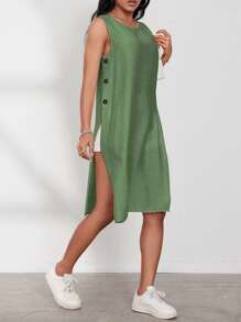 EMERY ROSE Women's Casual Solid Color Sleeveless Side Split Mid-Length Shirt For Summer,Sleeveless Tops - Army Green - View 5