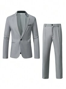 Manfinity Mode Bộ đồ nam dài tay màu trơn đơn giản với quần dài, trang phục hàng ngày - Xám - Xem 8