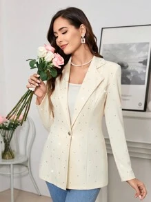 SHEIN Clasi 杏色鑲鑽腰帶女士派對通勤套裝