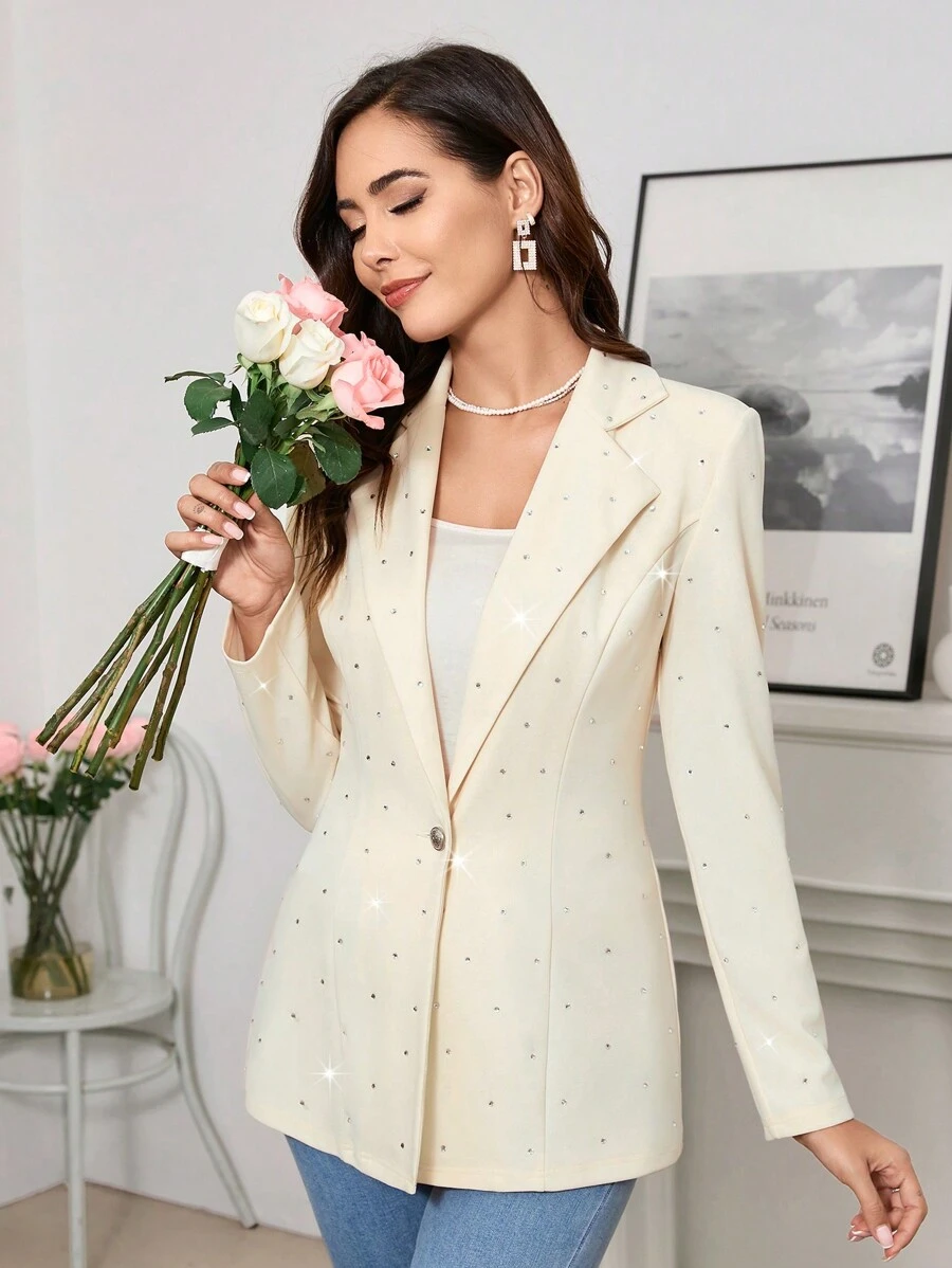 SHEIN Clasi 杏色鑲鑽腰帶女士派對通勤套裝