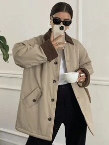 DAZY 女士撞色宽松长袖翻领口袋羽绒服，冬季女装，冬季外套