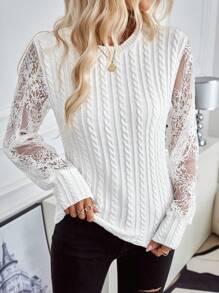 SHEIN LUNE Jersey de ochos unicolor con mangas de encaje para mujer para usar diariamente
