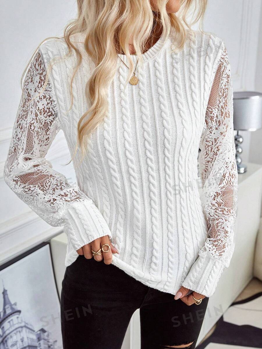 SHEIN LUNE Jersey de ochos unicolor con mangas de encaje para mujer para usar diariamente