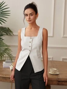 女士方领短袖纽扣前开衩下摆修身休闲日常背心，Old Money 短款上衣，露背商务休闲衬衫，春夏