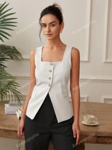 Women's Square Neck Short Sleeve Button Front Split Hem Fitted Casual Daily Tank Top, Old Money Crop Top, Backless Business Casual Blouse, Spring/Summer