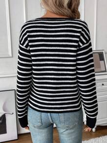 SHEIN LUNE Áo len cổ tròn tay rớt, họa tiết sọc, xẻ tà, thích hợp mặc mùa thu đông. - Nhiều màu - Xem 2