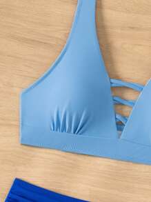 SHEIN Swim 女士夏季海灘彩色拼接露背頸帶性感比基尼套裝 - 彩色 - 查看 4