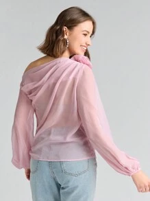 Enchnt Asymmetrical Neck Stereo Flowers Ruched Lantern Sleeve Blouse - Pink - View 2