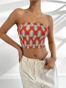 SHEIN Unity Top tubo corto con estampado fruncido y ribete de volantes