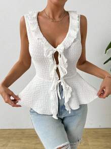 Chiquease Women's V-Neck Sleeveless Top With Ruffle Straps And Hem, Simple Yet Fashionable - White - View 3