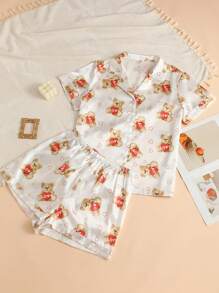Women's Short Sleeve T-Shirt And Shorts Pajama Set With Bear Print - White - View 3