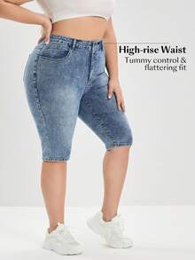 Jeans ajustados de talla grande, color azul lavado - Azul lavado medio - Ver 3