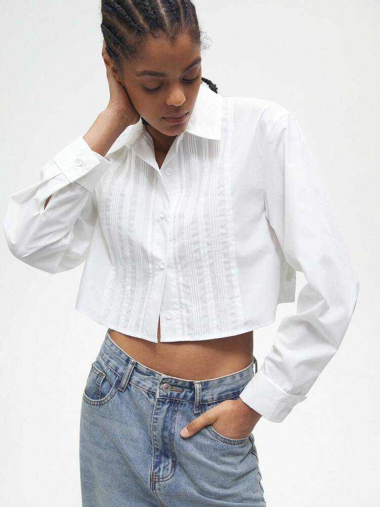 SHEIN Maija Blusa de manga larga informal acortada con botones frontales a rayas blanca para mujer, otoño de vuelta al colegio