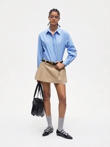 Maija Conjunto de dos piezas para mujer de camisa larga de manga larga diaria y falda de unicolor simple - Azul - Ver 1