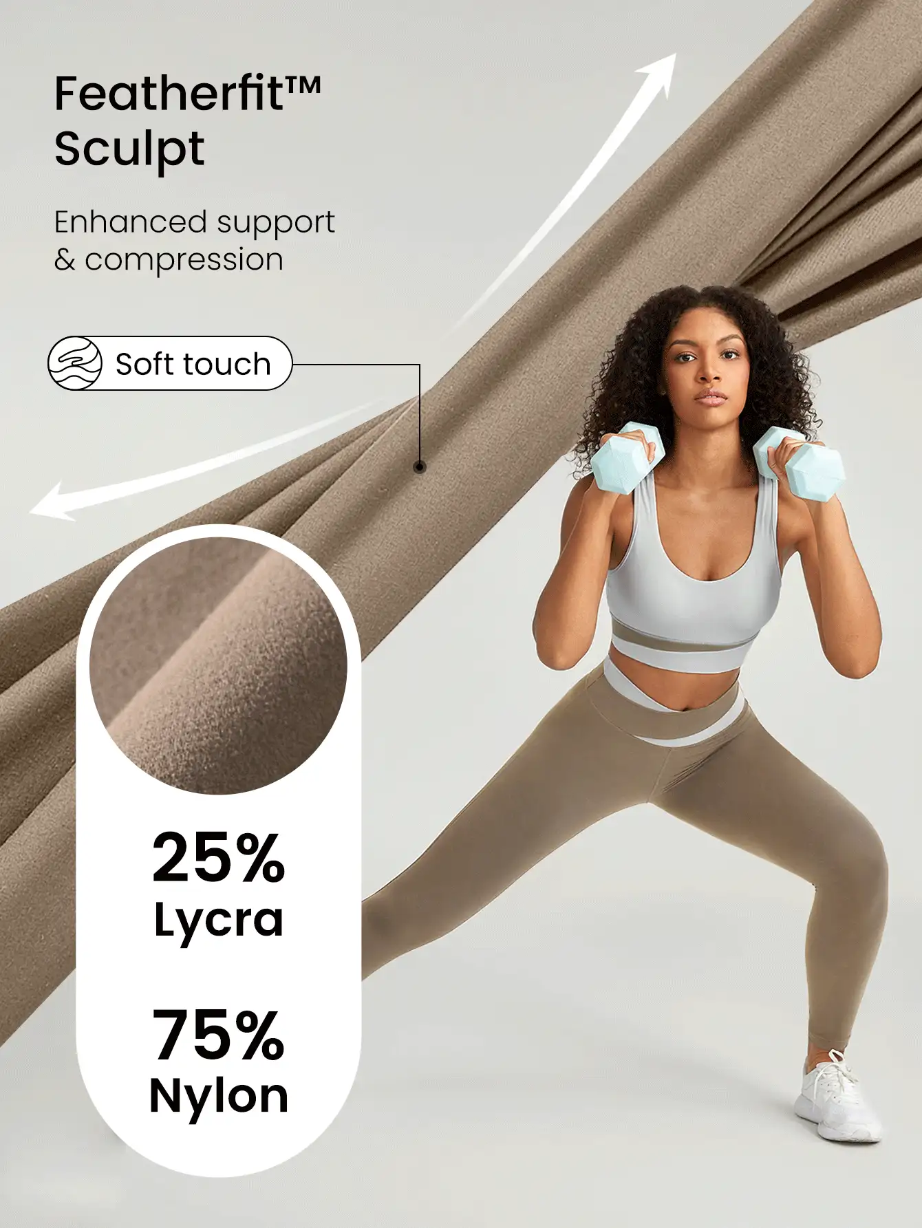 GLOWMODE 24" FeatherFit™-Sculpt Two-Tone Crossover Compression Leggings Medium Impact Workout Daily Gym Fall Winter - Khaki - View 5