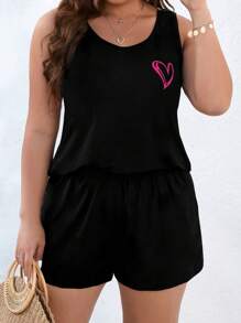 SHEIN LUNE Bộ đồ hai mảnh thường ngày in hình trái tim cỡ lớn không tay và quần short - màu đen - Xem 1