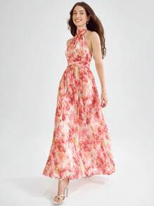 Enchnt Spring/Summer Romantic  Romantic Floral Print Tie Backless Halter SunDress For Holiday, Sweet&Elegant Dress For Wedding&Miusic Party&Birthday&Holiday &Sweet Date Night&Daily Commuting&Vacation - Orange - View 3