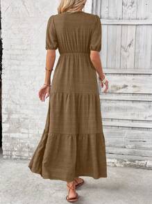 Breezaya Vestido Longo com Decote Quadrado, Manga Bufante e Bainha com Babados - Caramelo - Visão 2