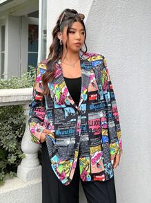 SHEIN EZwear 秋冬大码女式印花针织休闲西装外套 - 彩色 - 查看 3