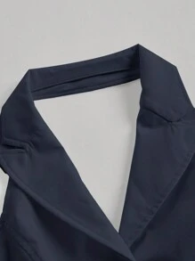 SHEIN MOD Button Front Backless Halter Dark Blue Suit Lapel Goldfish Pendant Top - Navy Blue - View 4