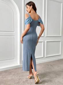 Modelyn Damen Sommer Einfarbiges Strickkleid mit offener Schulter, schlank und lang, elegantes Abendkleid - Blau - Übersicht 2