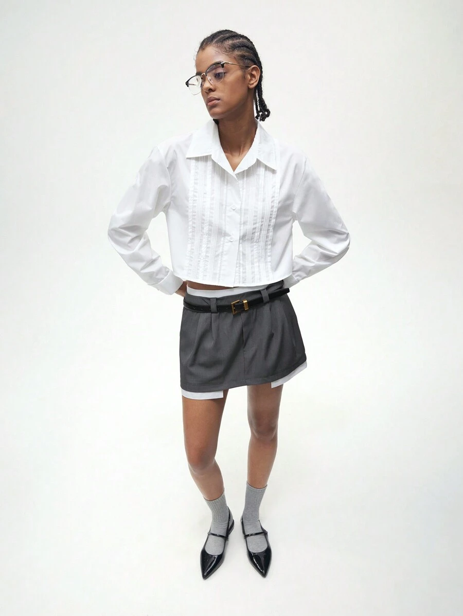 Maija 女式白色休闲短款条纹前扣长袖衬衫，秋季开学季 - 白色 - 查看 1