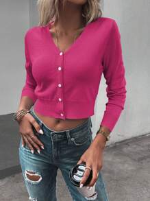 SHEIN LUNE Solid Button Front Crop Hot Pink Cardigan For Dailywear - Hot Pink - View 4
