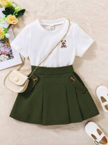 SHEIN Elladie kids 年輕女孩卡通熊刺繡短袖上衣和純色百褶裙2件套裝 - 彩色 - 查看 1