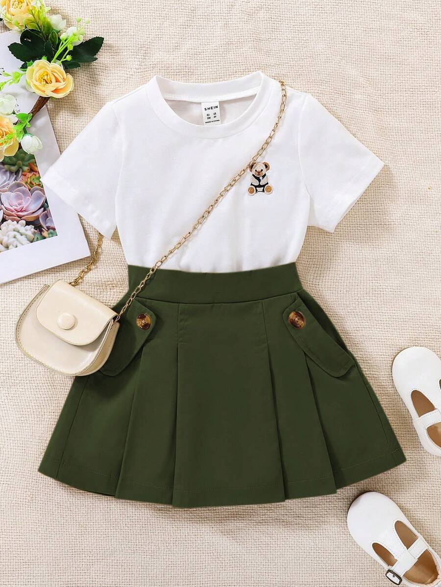 SHEIN Elladie kids 年輕女孩卡通熊刺繡短袖上衣和純色百褶裙2件套裝 - 彩色 - 查看 1