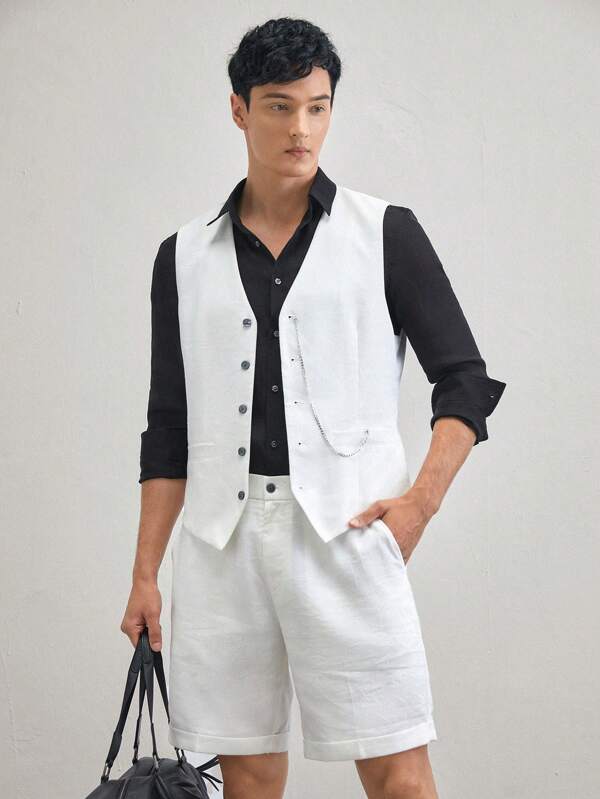Manfinity VCAY Men's 2pcs Woven Casual Suit Set, Including Sleeveless Vest And Shorts With Straight Cut And Suitable For Summer