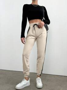 EURMUSE Contrast Side Seam Drawstring Waist Sweatpants - Apricot - View 5