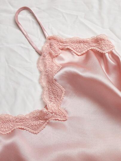 Kanten Patchwork Zijden Imitation Set Of Cami Top Shorts, Pants, Belted Robe, Pajama Set, Fall Clothes Cozy Elegante view 4