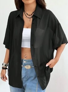 SHEIN EZwear Áo Sơ Mi Nữ Tay Lửng Màu Đen Sheer Cổ Điển, Cổ Điển, Có Nút Xuống - màu đen - Xem 6