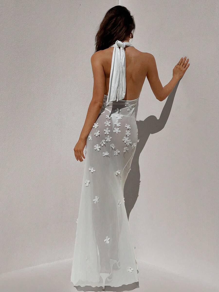 Aloruh Tief ausgeschnittenes V-Ausschnitt Halter-Mesh-Kleid für Damen mit 3D-Blumendesign und hohem Schlitz