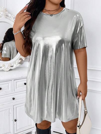 Calvaya Plus Size Solid Color Round Neck Short Sleeve A-Line Shiny Casual Party Dress