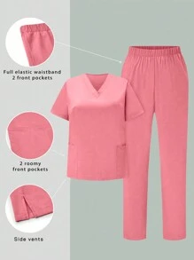 SHEIN TaskFit Plus Size Solid Color V-Neck Pocket Short Sleeve Top And Elastic Waist Long Pants  Uniform Set, Plus Size Uniforms & Scrubs - Pink - View 1