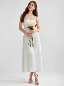 Enchnt Women's Fashionable Solid Color Waist Cinching Sling Dress - White - View 5