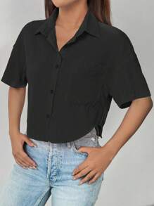 SHEIN LUNE Ladies' Solid Color Simple Everyday Short Casual Black Shirt,Short Sleeve Tops - Black - View 4